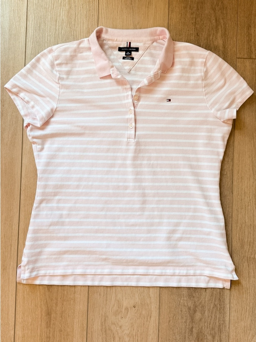 TOMMY HILFIGER WOMANS SLIM FIT STRIPE STRETCH COTTON POLO PINK WHITE SIZE XL
